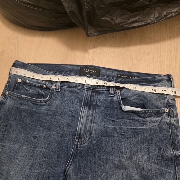 Pacsun Medium Wash Distressed Black Paint Splatter Stacked Skinny Jeans Sz 34×32 - Picture 6 of 9